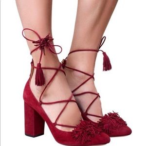 Aquaazzura Red Pomegranate Box New Tassle Fringe Pom Pom Lace Up Pumps